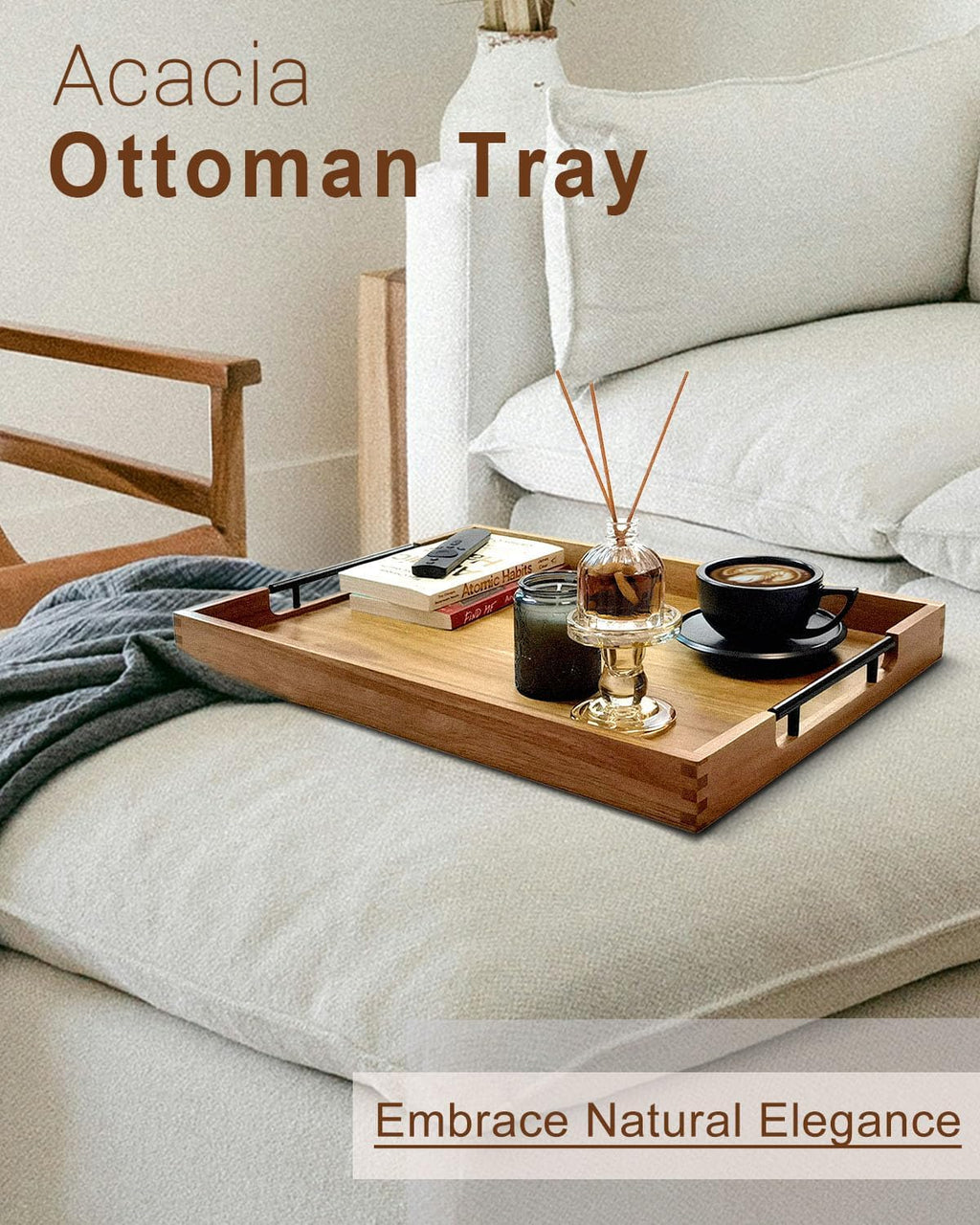 22 Inches Acacia Wood Serving Tray with Metal Handles, Large Wooden Rectangle Ottoman Tray, Decorative and Durable Design for Living Room Coffee Table Couch Kitchen