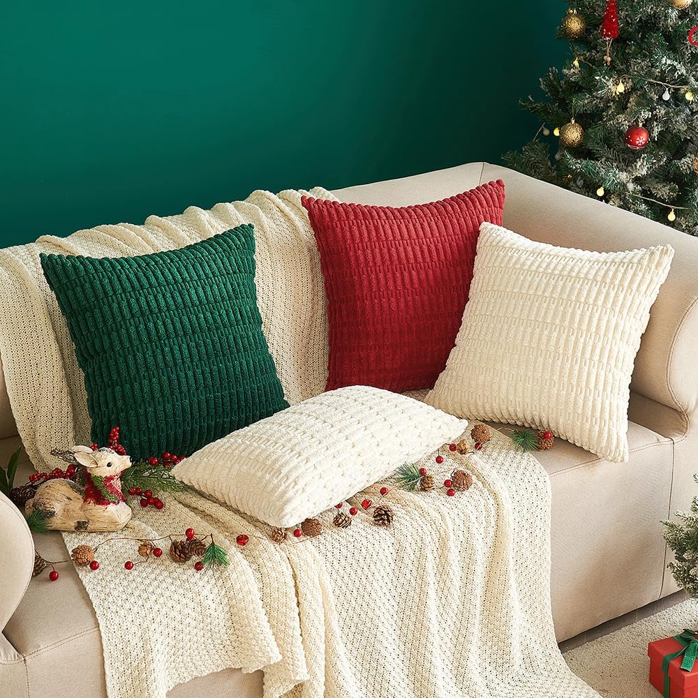 MIULEE Pack of 2 Corduroy Decorative Throw Pillow Covers 18x18 Inch Soft Boho Striped Pillow Covers Modern Farmhouse Home Decor for Sofa Living Room Couch Bed Cream White
